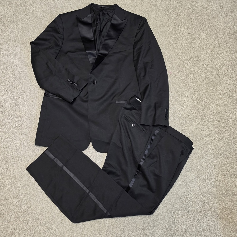 Z Zegna Mens 56R Black Wool Tuxedo Suit Turati Slim Satin Peak Lapel Formal
